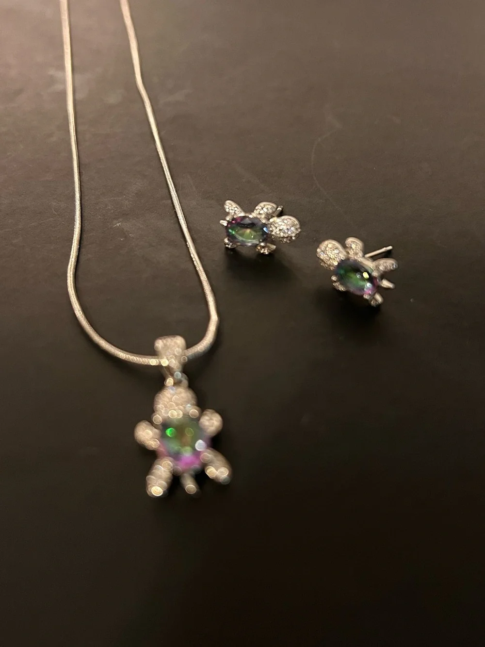 Silver Necklace and Earrings Set with Green Gem Accents